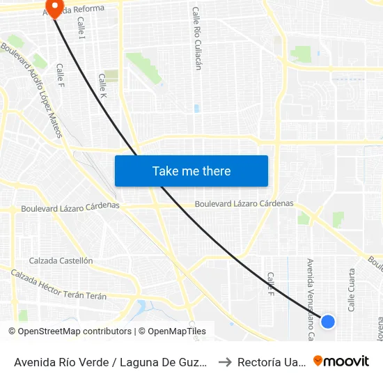 Avenida Río Verde / Laguna De Guzmán to Rectoría Uabc map