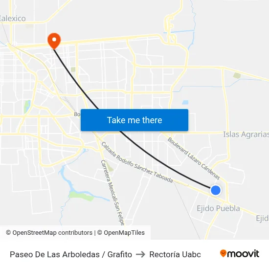 Paseo De Las Arboledas / Grafito to Rectoría Uabc map