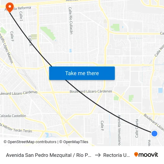 Avenida San Pedro Mezquital / Río Pánuco to Rectoría Uabc map