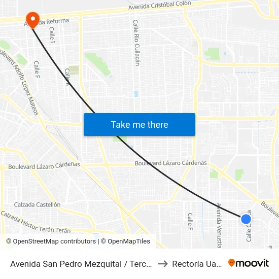 Avenida San Pedro Mezquital / Tercera to Rectoría Uabc map