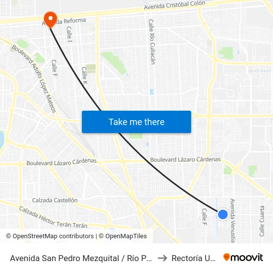 Avenida San Pedro Mezquital / Río Paraná to Rectoría Uabc map
