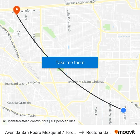 Avenida San Pedro Mezquital / Tercera to Rectoría Uabc map