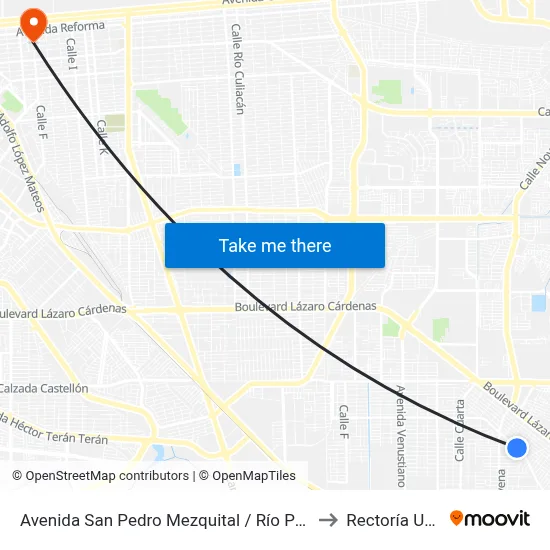 Avenida San Pedro Mezquital / Río Pánuco to Rectoría Uabc map