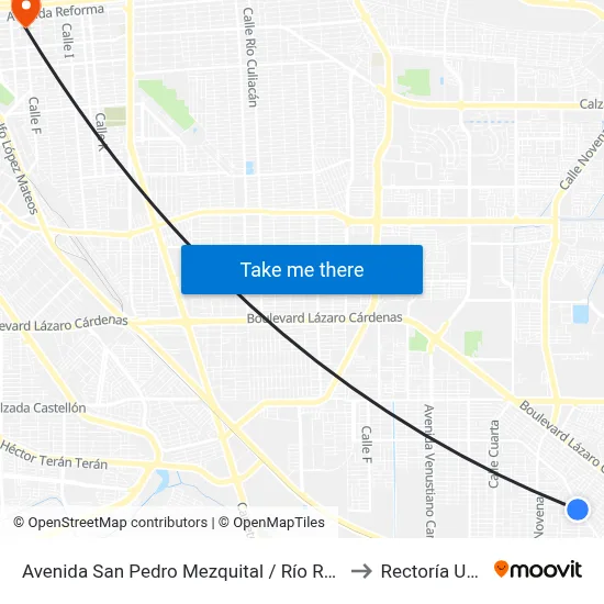 Avenida San Pedro Mezquital / Río Ródano to Rectoría Uabc map