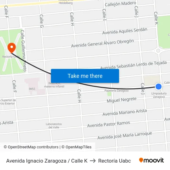Avenida Ignacio Zaragoza / Calle K to Rectoría Uabc map