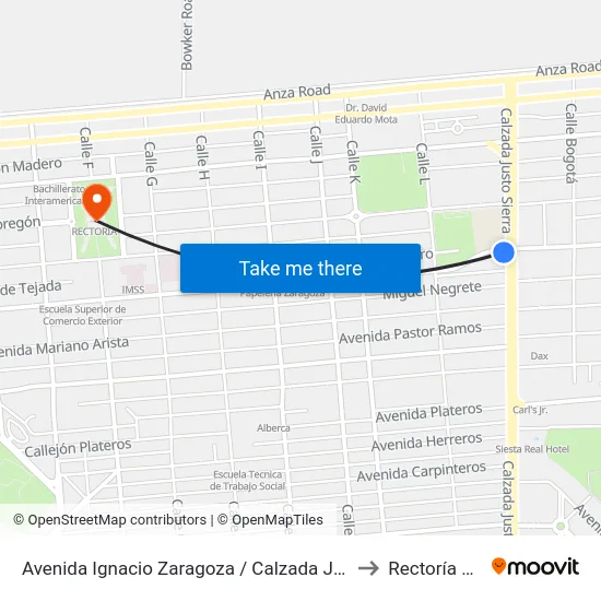 Avenida Ignacio Zaragoza / Calzada Justo Sierra to Rectoría Uabc map