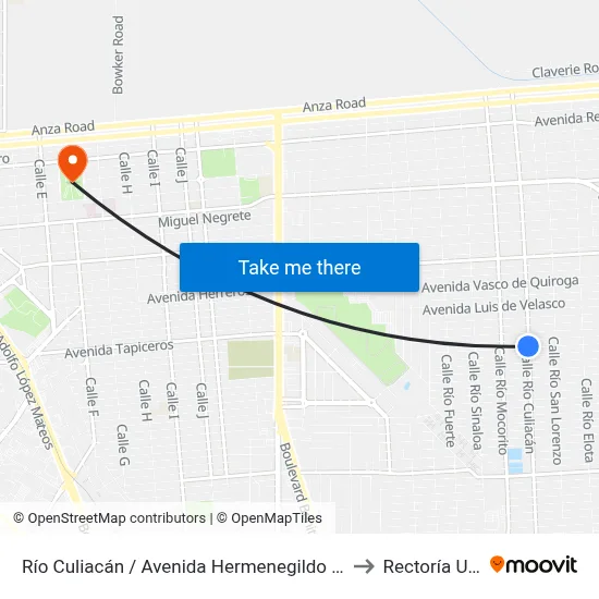 Río Culiacán / Avenida Hermenegildo Galeana to Rectoría Uabc map