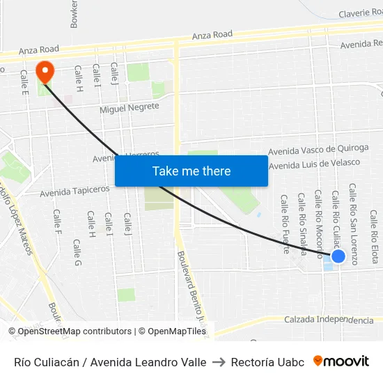 Río Culiacán / Avenida Leandro Valle to Rectoría Uabc map