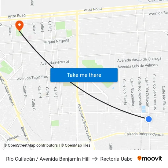 Río Culiacán / Avenida Benjamín Hill to Rectoría Uabc map