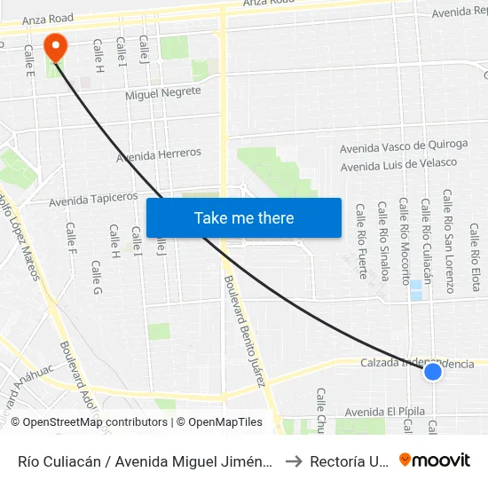 Río Culiacán / Avenida Miguel Jiménez Solís to Rectoría Uabc map