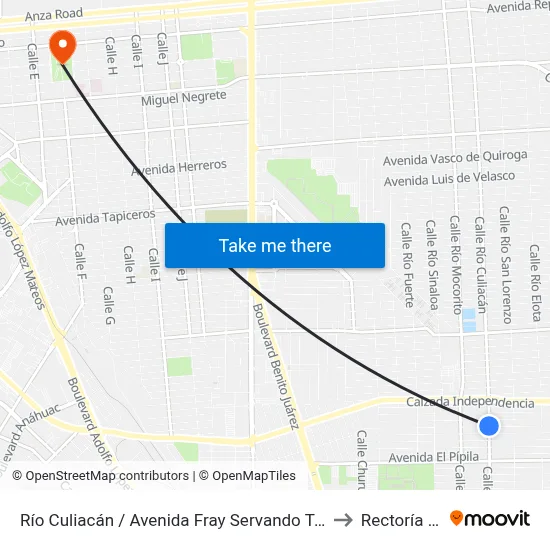 Río Culiacán / Avenida Fray Servando Teresa De Mier to Rectoría Uabc map