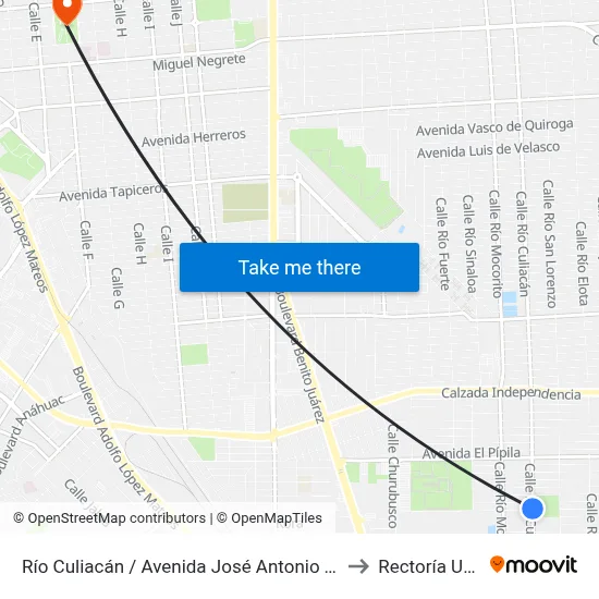 Río Culiacán / Avenida José Antonio Torres to Rectoría Uabc map