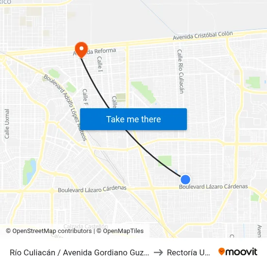 Río Culiacán / Avenida Gordiano Guzmán to Rectoría Uabc map