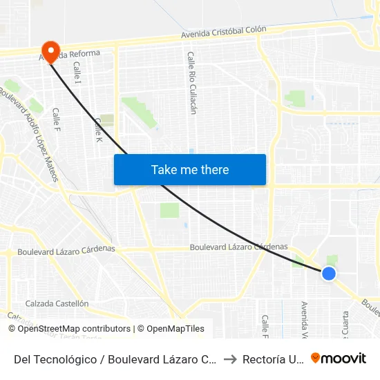 Del Tecnológico / Boulevard Lázaro Cárdenas to Rectoría Uabc map