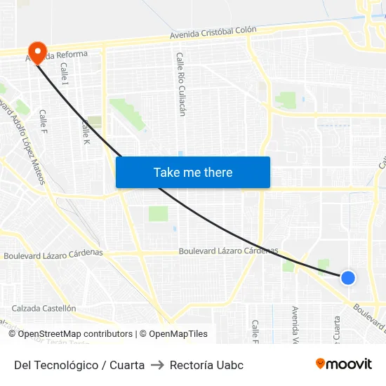 Del Tecnológico / Cuarta to Rectoría Uabc map