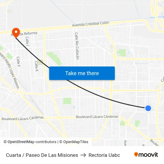 Cuarta / Paseo De Las Misiones to Rectoría Uabc map