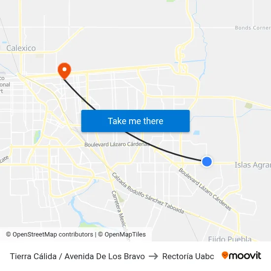 Tierra Cálida / Avenida De Los Bravo to Rectoría Uabc map