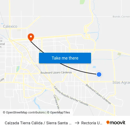 Calzada Tierra Cálida / Sierra Santa Clara to Rectoría Uabc map