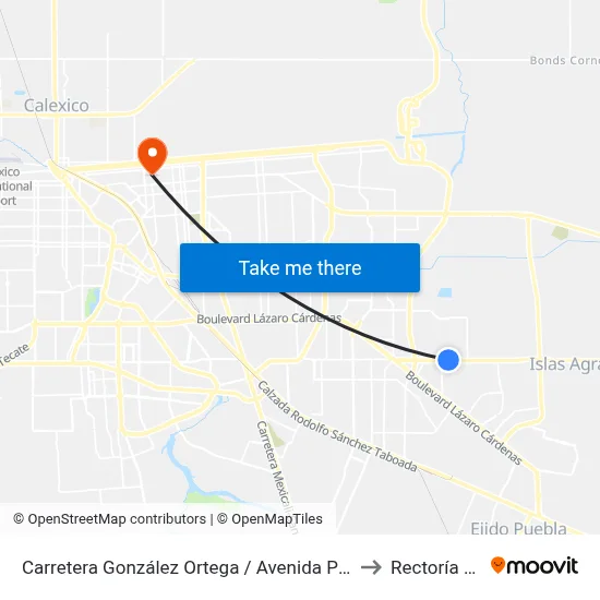 Carretera González Ortega / Avenida Plaza España to Rectoría Uabc map