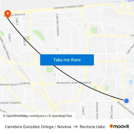 Carretera González Ortega / Novena to Rectoría Uabc map
