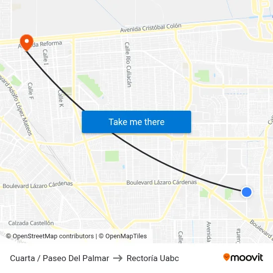 Cuarta / Paseo Del Palmar to Rectoría Uabc map