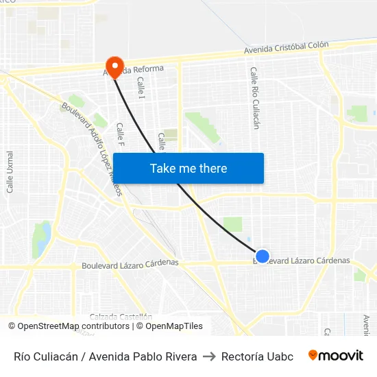 Río Culiacán / Avenida Pablo Rivera to Rectoría Uabc map