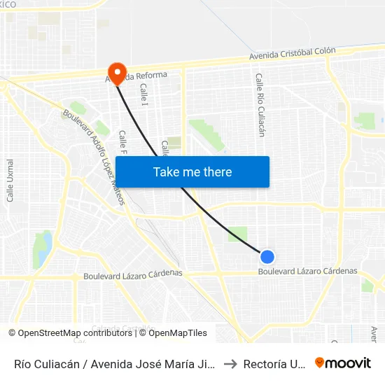 Río Culiacán / Avenida José María Jiménez to Rectoría Uabc map