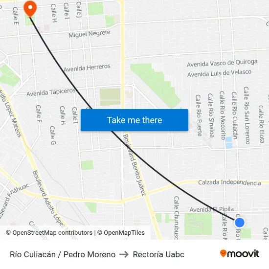 Río Culiacán / Pedro Moreno to Rectoría Uabc map