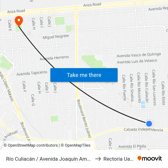 Río Culiacán / Avenida Joaquín Amaro to Rectoría Uabc map