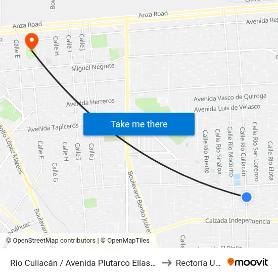 Río Culiacán / Avenida Plutarco Elías Calles to Rectoría Uabc map