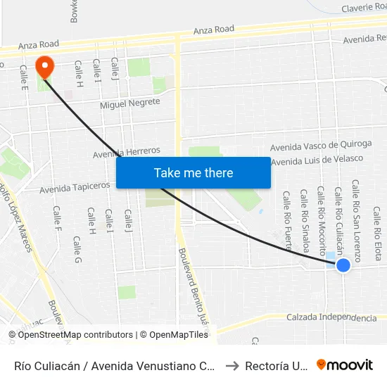 Río Culiacán / Avenida Venustiano Carranza to Rectoría Uabc map