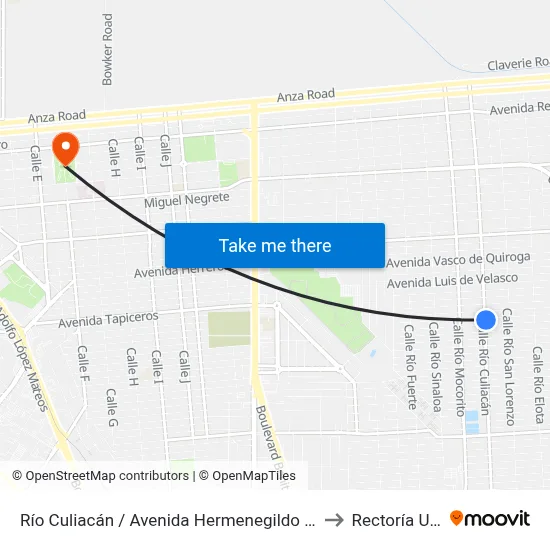 Río Culiacán / Avenida Hermenegildo Galeana to Rectoría Uabc map