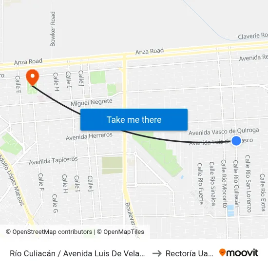 Río Culiacán / Avenida Luis De Velasco to Rectoría Uabc map