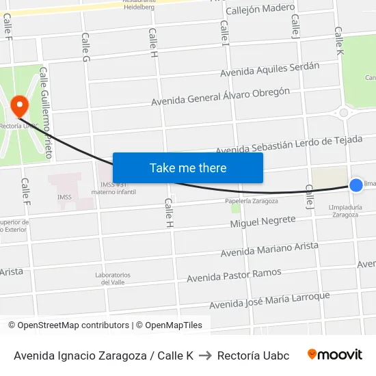 Avenida Ignacio Zaragoza / Calle K to Rectoría Uabc map