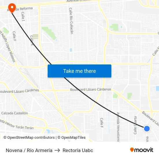Novena / Río Armería to Rectoría Uabc map