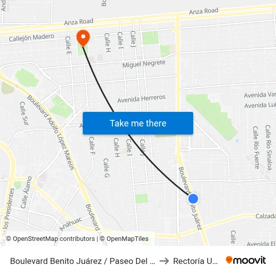 Boulevard Benito Juárez / Paseo Del Valle to Rectoría Uabc map