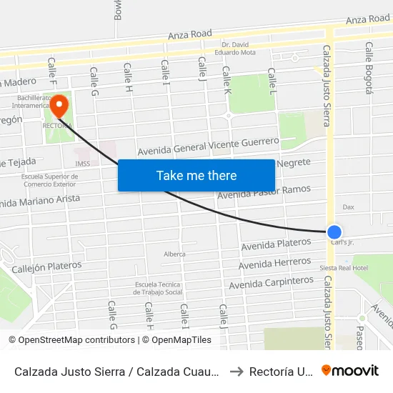 Calzada Justo Sierra / Calzada Cuauhtémoc to Rectoría Uabc map