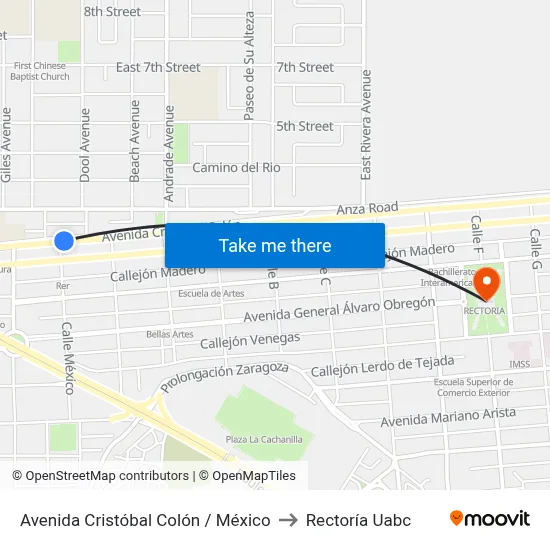 Avenida Cristóbal Colón / México to Rectoría Uabc map
