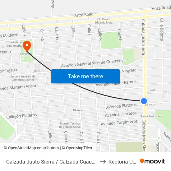 Calzada Justo Sierra / Calzada Cuauhtémoc to Rectoría Uabc map
