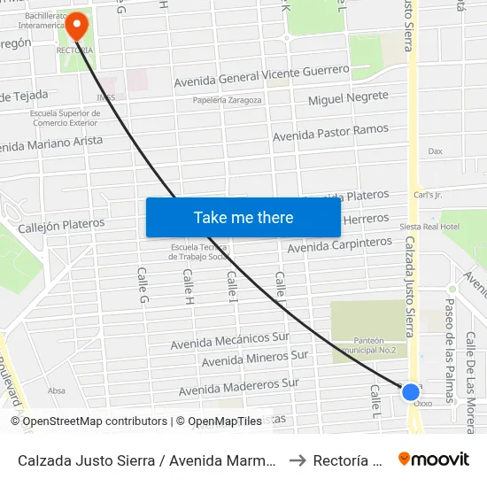 Calzada Justo Sierra / Avenida Marmoleros Sur to Rectoría Uabc map