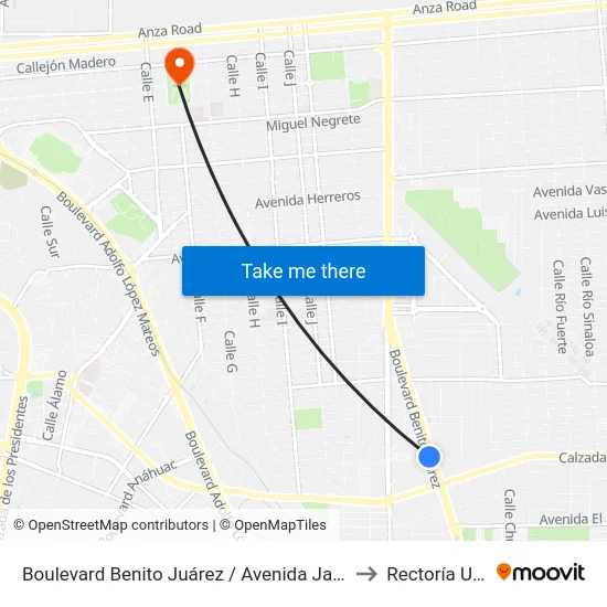 Boulevard Benito Juárez / Avenida Jardín Sur to Rectoría Uabc map