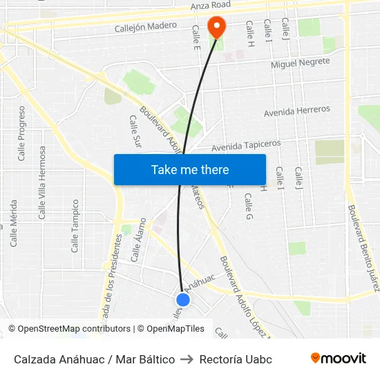 Calzada Anáhuac / Mar Báltico to Rectoría Uabc map