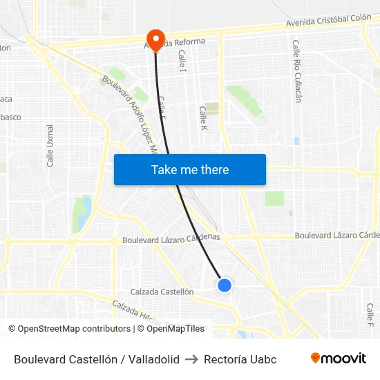 Boulevard Castellón / Valladolid to Rectoría Uabc map