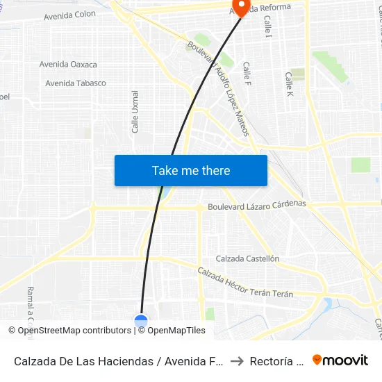 Calzada De Las Haciendas / Avenida Fuente Del Sol to Rectoría Uabc map