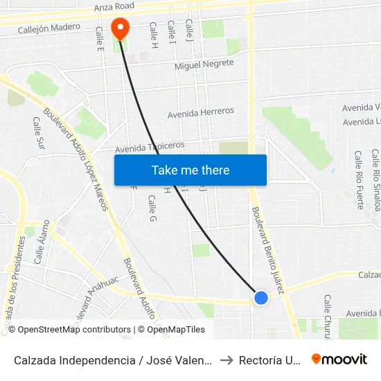 Calzada Independencia / José Valenzuela to Rectoría Uabc map