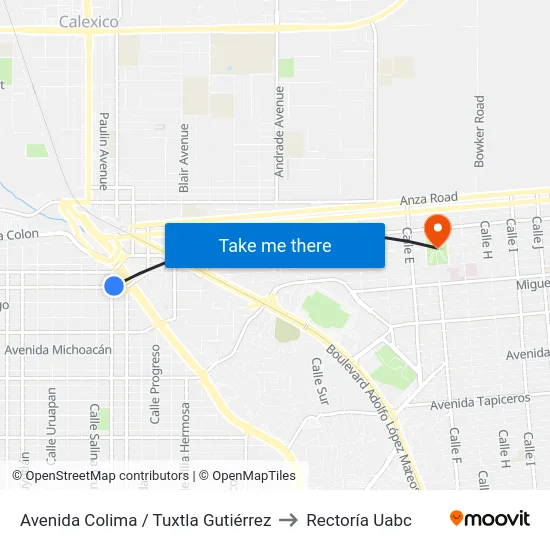 Avenida Colima / Tuxtla Gutiérrez to Rectoría Uabc map