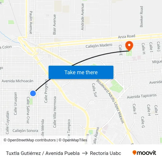 Tuxtla Gutiérrez / Avenida Puebla to Rectoría Uabc map