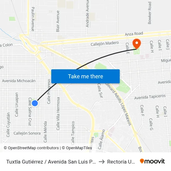 Tuxtla Gutiérrez / Avenida San Luis Potosí to Rectoría Uabc map