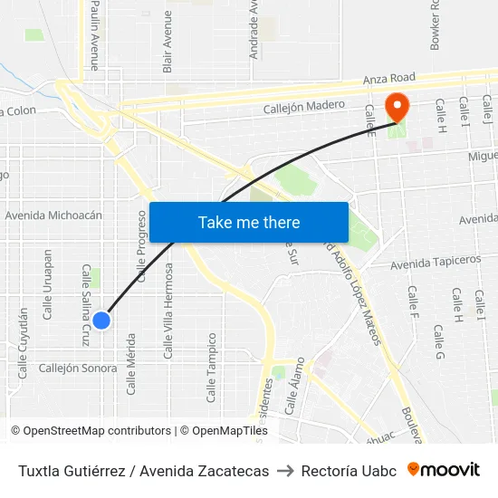 Tuxtla Gutiérrez / Avenida Zacatecas to Rectoría Uabc map