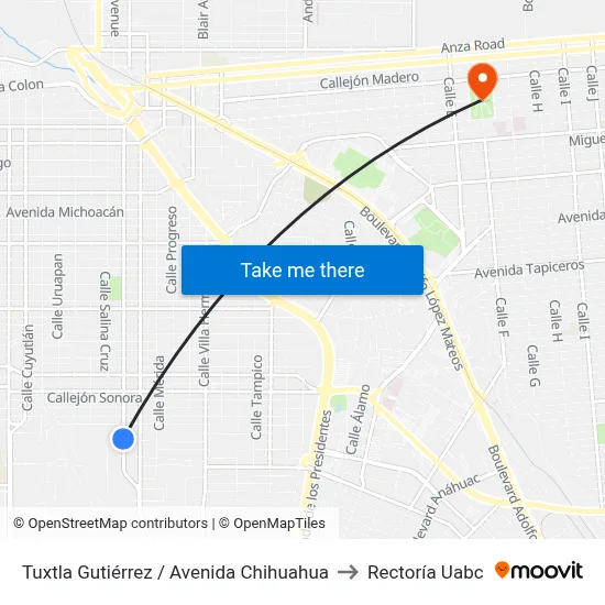 Tuxtla Gutiérrez / Avenida Chihuahua to Rectoría Uabc map